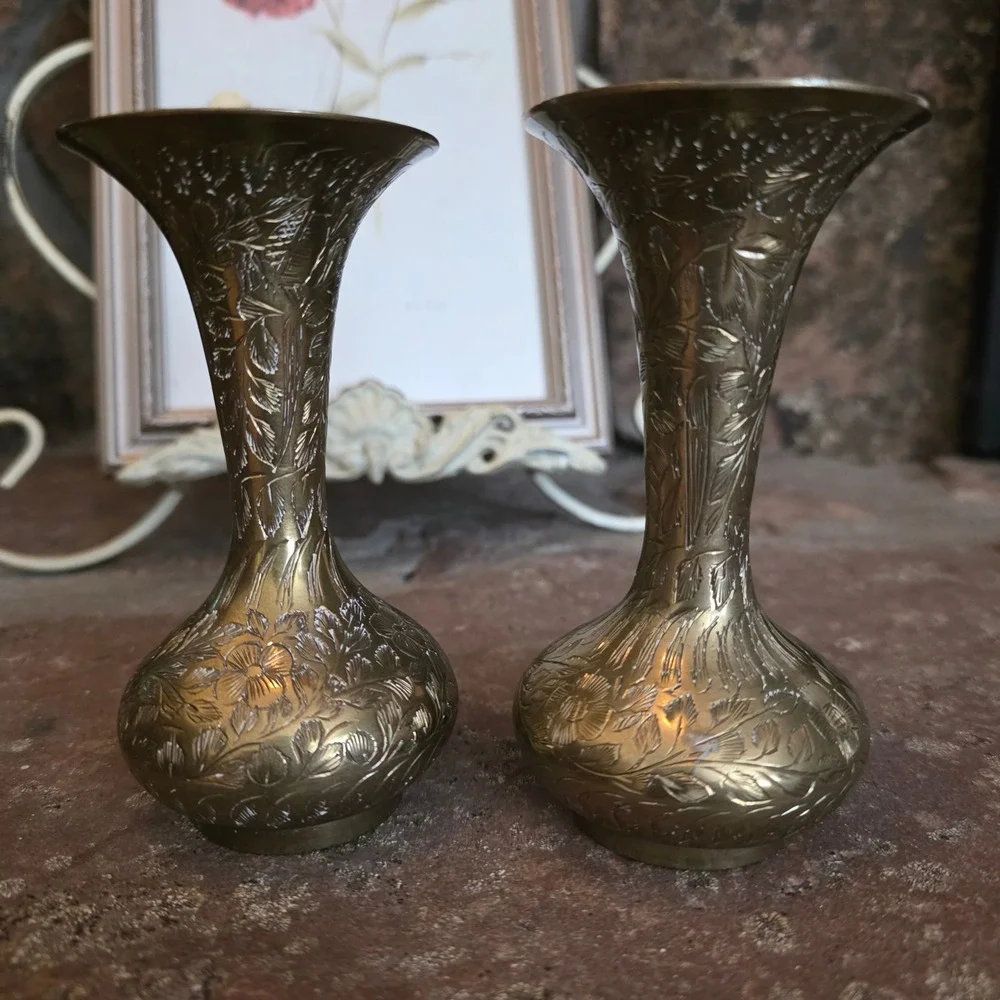 Vintage Brass Bud Vases Set of 2 Hand Etched Floral Made in India Gold Boho MCM